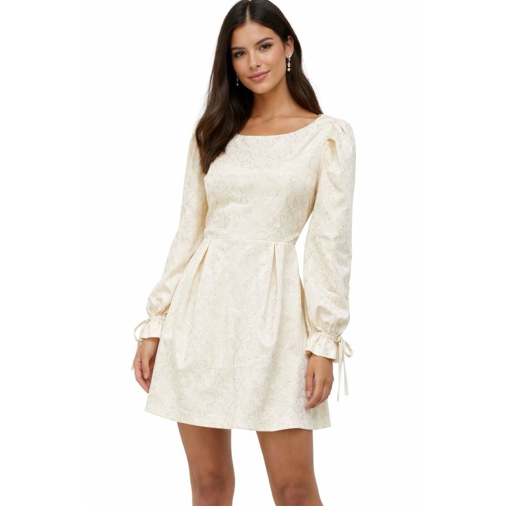 Lulus Cream Floral Jacquard Mini Dress Long Sleeve Tie Cuffs A-Line NWT‎ XL